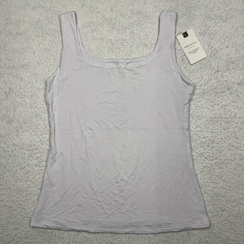 NWT Pink M Style Tank Top Sleeveless Shirt Stretch White Women's Size Large
